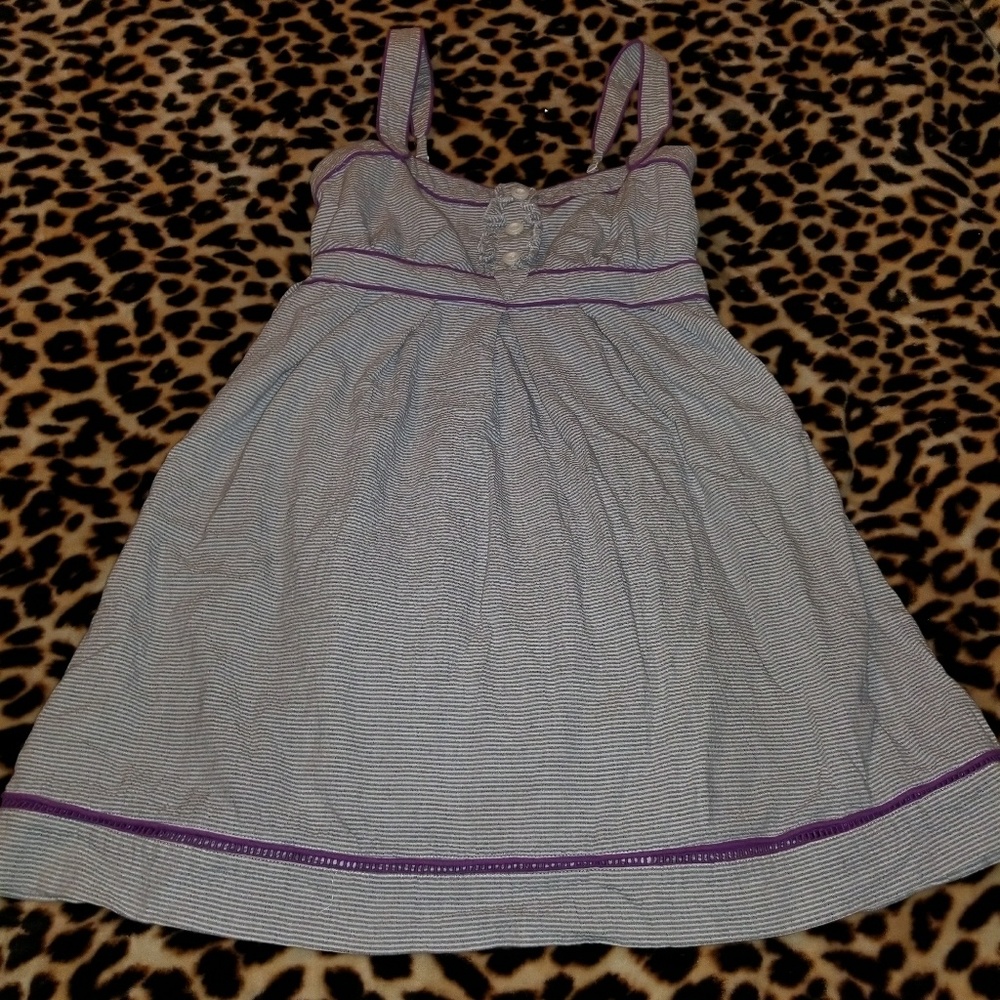 Gray/white stripe purple trim dress